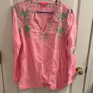 Lilly Pulitzer Coby Pink Linen Tunic with Green Embroidery